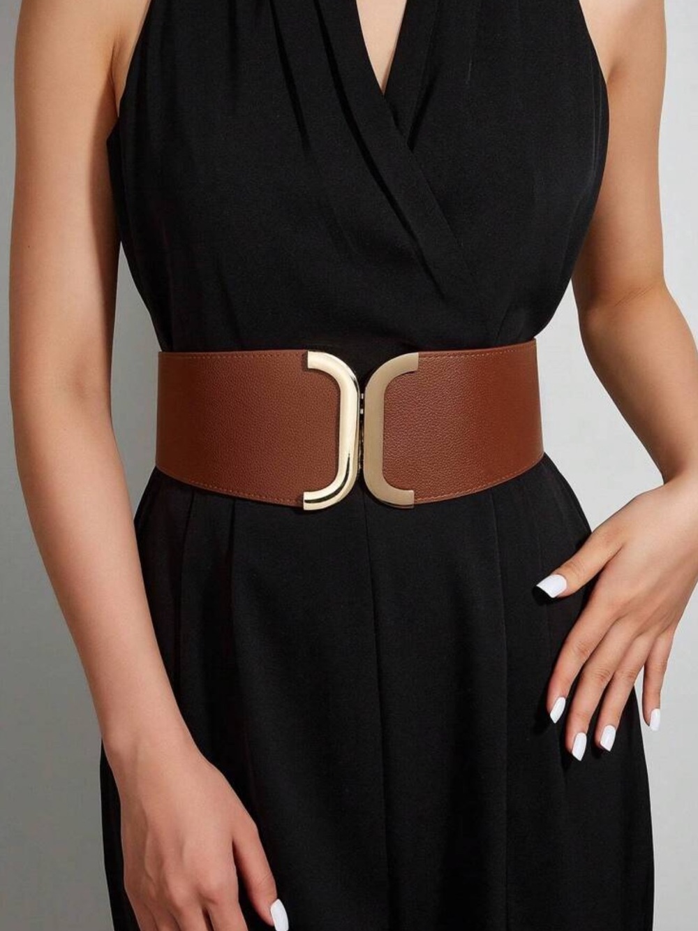 Brown Wide Waist Belt with Gold Accent